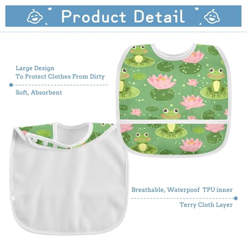 MCHIVER Frogs Lotus Baby Bibs for tag1 Waterproof Feeding Bib Apron with Food Cather Adjustable Cotton Food Eating Bib 2 Pack3
