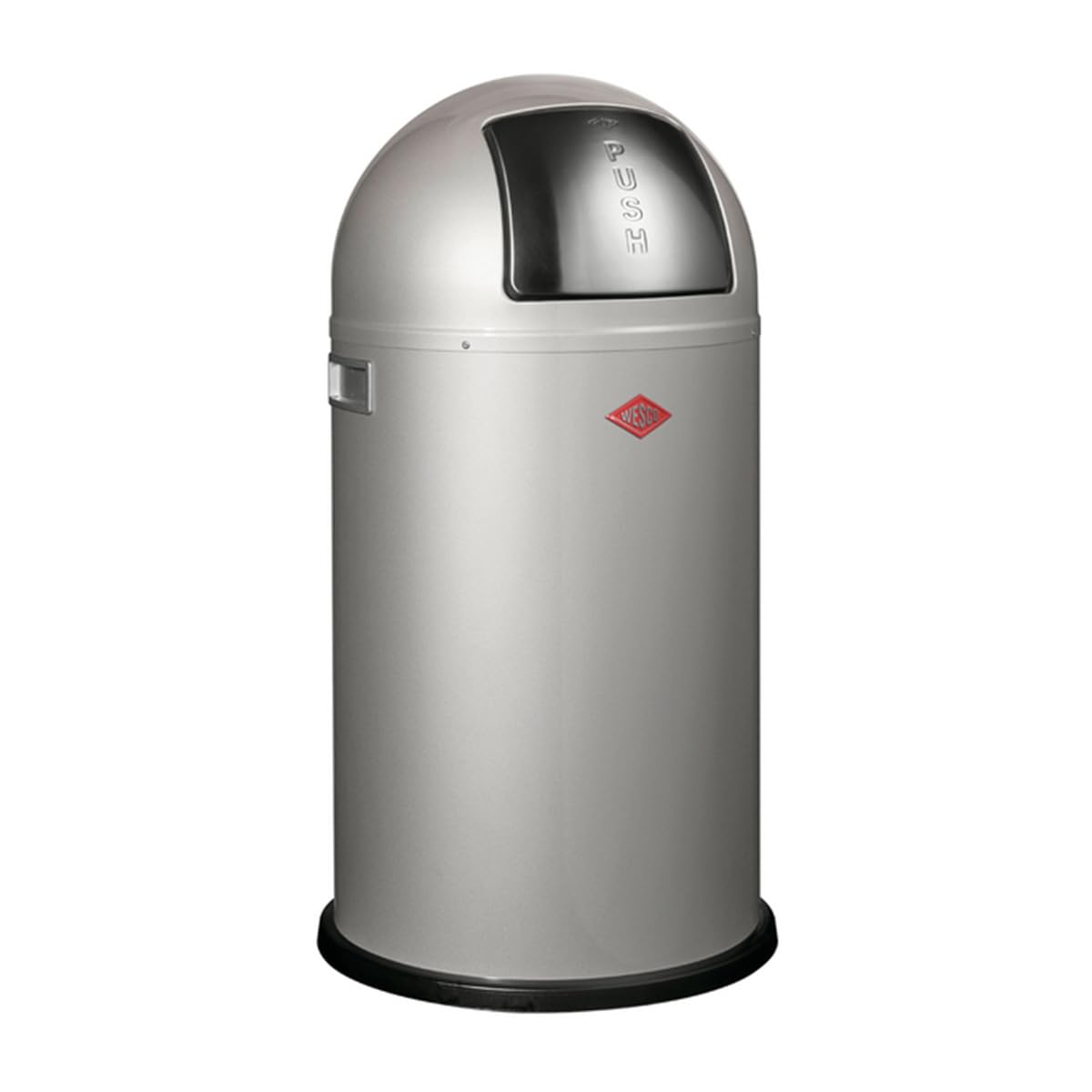 WESCO Pushboy Mülleimer in der Farbe silber, pulverbeschichtetes Stahlblech, 50 Liter Volumen, große Edelstahlklappe, herausnehmbarer Innenbehälter
