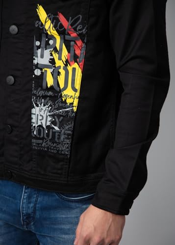 Image of Nostrum Men's Welch Denim Jacket, Black Casual Style, Embroidered Graphic Design, Button Front Closure