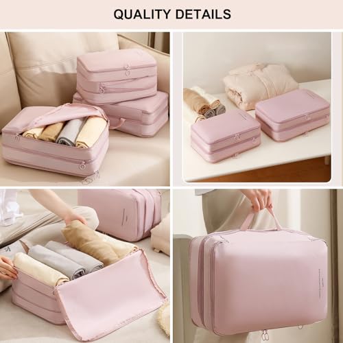 Double-Layered Compression Packing Cubes for Travel, Luggage Organizer Bags Compressible for Suitcase Packing Bag Travel Accessories, Pink, L4