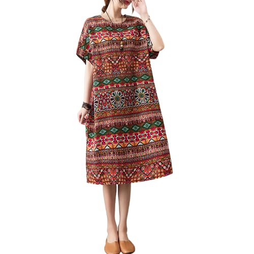 Image of LUZU JUNU Women's Summer Baggy Plus Size Loose Cotton Linen Long Boho Beach Dress with Pockets