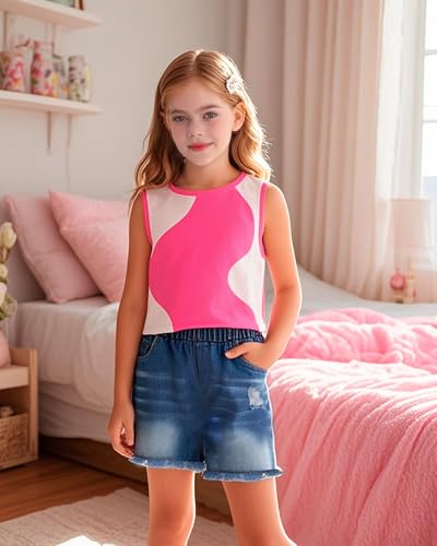 Image of YOURUIKER Girls Summer Outfit Kids Sleeveless Cute Tank Crop Top Pocketed Demi Jeans Set Tween Girl Preppy Clothes Size 5-12Y