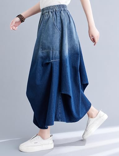 chouyatou Women's 2024 Ruched Midi Long Denim Skirt Casual A-Line High Waist Pleated Jean Skirt2