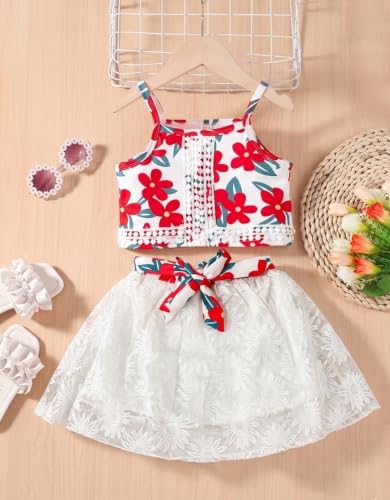 Image of TAGAS Girls Girls Floral Crop Top and White Lace Skirt Set - Summer Sleeveless 2-Piece Outfit with Bow Belt - Casual Party Dress for Kids