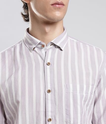 Image of TURMS Men's Casual Striped Linen Shirt | Water Repellent | Anti Stain Anti Odor | Kansas Linen | Concealed Button Down Collar | Full Sleeves