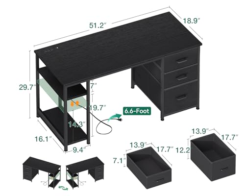 Image of AODK 51 Inch Computer Desk with Drawers & USB Power Outlets, Reversible Home Office Desk with Storage Shelves, Work from Home, Modern Work /Writing /Study Table for Bedroom, Black