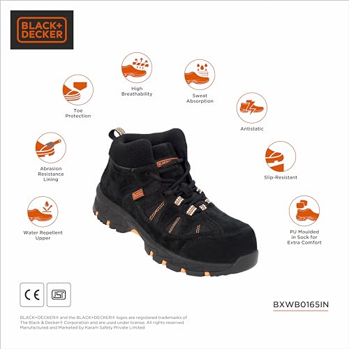 Image of BLACK+DECKER High Ankle Black Leather Safety Shoes for Men | Double Density | Fiber Toe | Antistatic & Antislip | BXWB0165IN