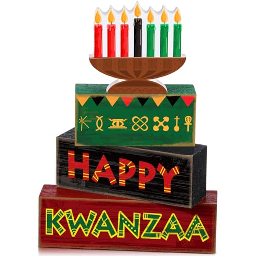 Yuntau 4 Pcs Happy Kwanzaa Table Decorations Kwanzaa Tiered Tray Decor Rustic African Candlestick Wood Block Tabletop Sign Gift Centerpiece Farmhouse Table Decor for Home Office Party Supplies