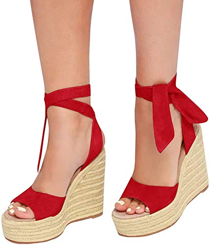 Image of SERAIH Womens Lace up Espadrilles Platform Wedges Sandals Heels Tie Ankle Strap Summer Dress Shoes