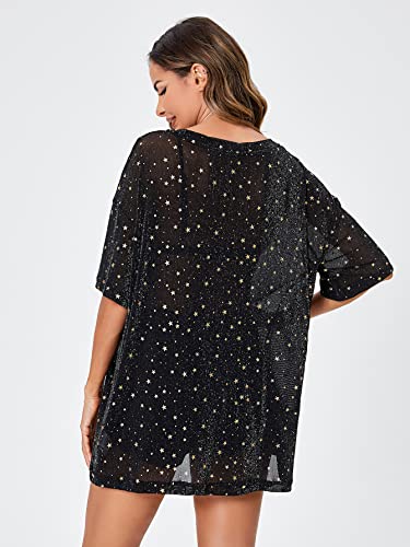 Wdirara Women's Sheer See Through Short Sleeve Mesh Top Tee Blouse Black Gold Stars M #TOP1