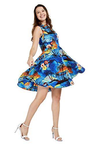 Matching Hawaiian Luau Mother Daughter Fit and Flare Vintage Dresses in Sunset with Dolphin Blue2