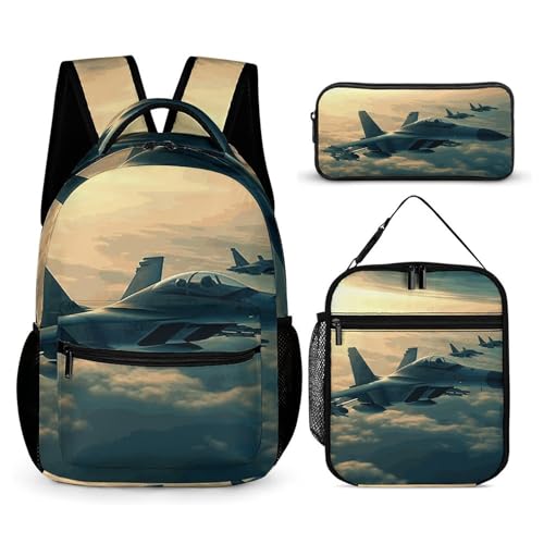Aircraft Fighter Jets Backpack for Women Men Lightweight Waterproof Backpack Set With Lunch Box Pencil Case Travel Laptop Backpack Casual Daypacks, Style
