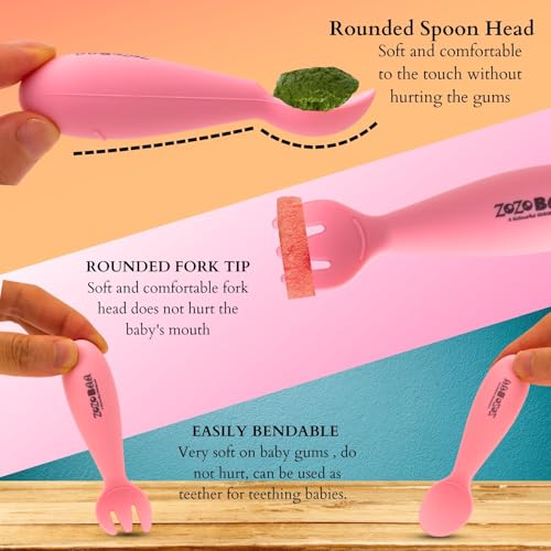 Image of Baby Weaning Spoon & Fork Set, Chewable Silicone Utensils for Training Infants, Baby Led Self Feeding, 6 M+| Gum Friendly, BPA Free, Dishwasher Safe, Unbreakable, 1 Pair, Light Pink