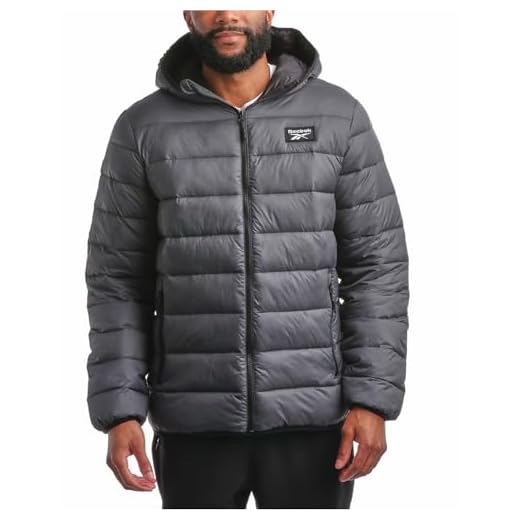 Reebok Jaqueta masculina – Casaco acolchoado leve com capuz – Jaqueta de inverno com isolamento térmico quente para homens (P-4X), Cinza carvão, GG