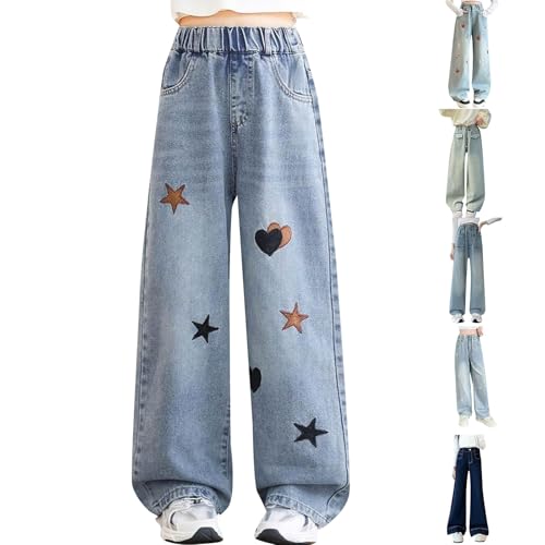 Teen Girls Baggy Jeans Heart Star Wide Leg Denim Pants Kids Elastic Casual Loose Y2k Streetwear Trousers with Pockets