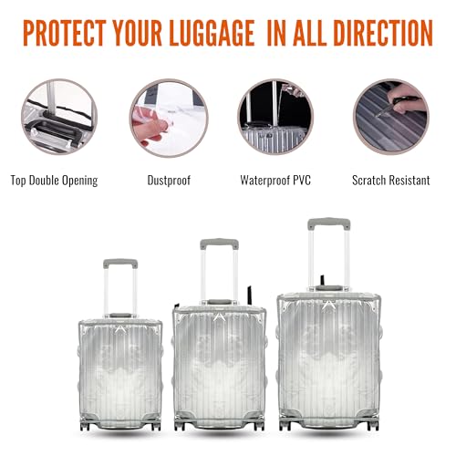 Image of Pack of 3 Zippered Clear PVC Suitcase Covers - Waterproof and Dustproof Protectors for Wheeled Luggage (28 inch, 24 inch and 20 inch)