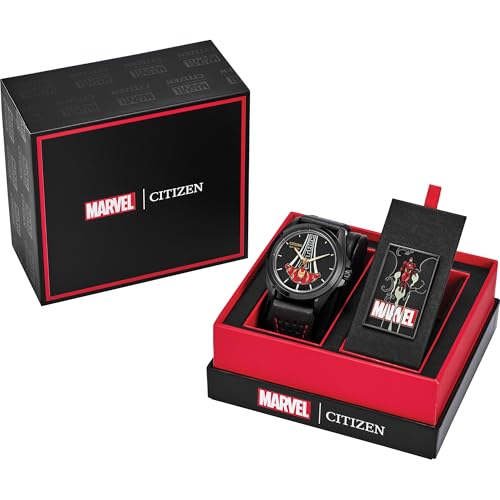 Image of Citizen Men's Eco-Drive Marvel Tony Stark Watch, Black Leather Strap, Black Dial, 3 Hand (Model: AW2095-41W)