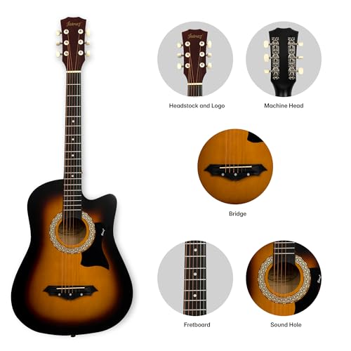 Image of JUAREZ 38 Inch Cutaway Acoustic Guitar with Pick Guard | ABS Neck & Fingerboard | Linden Wood Body | Steel Strings | 3TS Sunburst | Acoustic Guitar for Beginners, JRZ38CAB-3TS