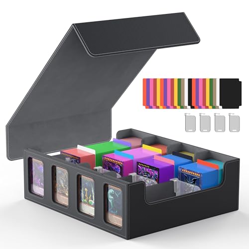 Miroddi Trading Card Storage Box, 3000+ MTG Deck Box, Commander Card Deck Case with Removable Cover, 4-Row Trading Card Case Fit for MTG TCG, YugiOh, 24 Colorful Dividers, 4 Stoppers, Black Grey