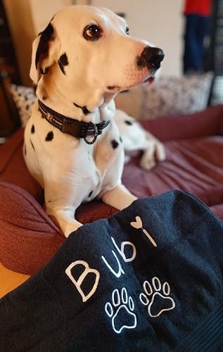 Wuff-Dogsworld Hundehandtuch mit Pfoten und Namen Bestickt Handtuch Hund 50 x 100 cm Farbwahl Baumwolle saugfähig Welpen Geschenk Geburtstag personalisiert