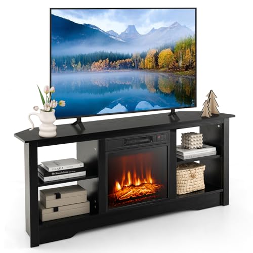 Tangkula 58” Fireplace TV Stand, Home Entertainment Center with 18” 1400W Electric Fireplace, with Remote & Adjustable Brightness, Corner Media Console Table for up to 65” TVs (Black)