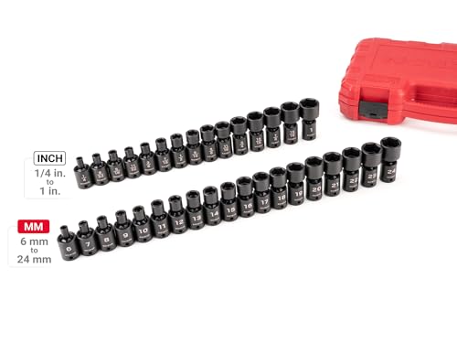 Image of TEKTON 3 /8 Inch Drive Universal Joint Impact Socket Set | SID97303 | 34-Piece, (1 /4 - 1 in., 6 - 24 mm), Shallow, 6-Point