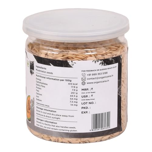 Image of Organicana Natural Muskmelon Seeds 250g (Pack of 1) | Kharbooj Magaj | Kharbhuja Beej for Eating | High in Protein, Potassium, Magnesium & Iron | Immunity Booster Superfood | Healthy Snack, Topping and Cooking Use
