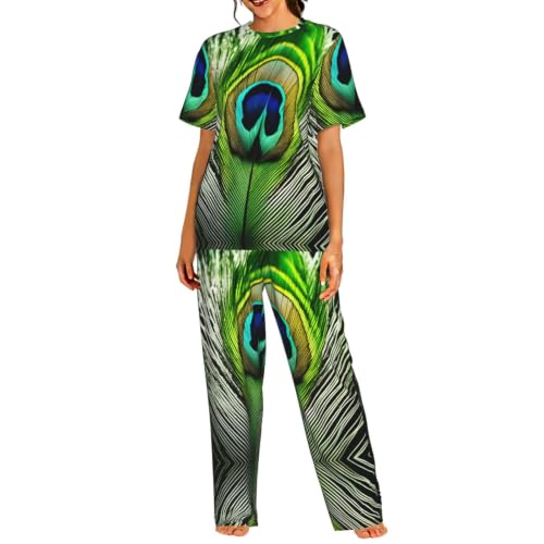 Ensemble pyjama 2 pièces femme haut manches courtes pantalon long vert taille S-3XL