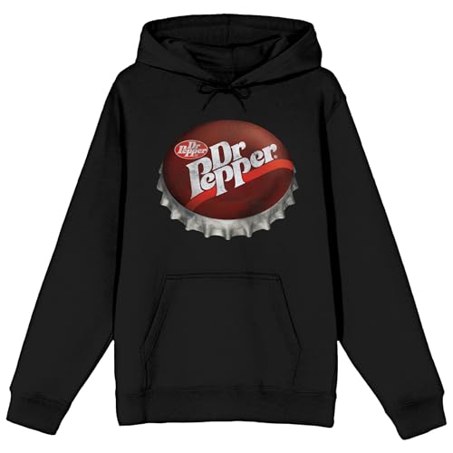 Bioworld Dr. Pepper Bottle Cap Art Long Sleeve Black Adult Hooded Sweatshirt, Black, XL
