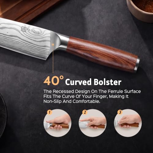 Image of PAUDIN 16-Piece Kitchen Knife Set with Block, Built-in Sharpener, Ultra Sharp 5Cr15Mov Stainless Steel Chef Knives, Natural Wood Handles, Steak Knives, Scissors & Honing Rod, Complete Cutlery Set