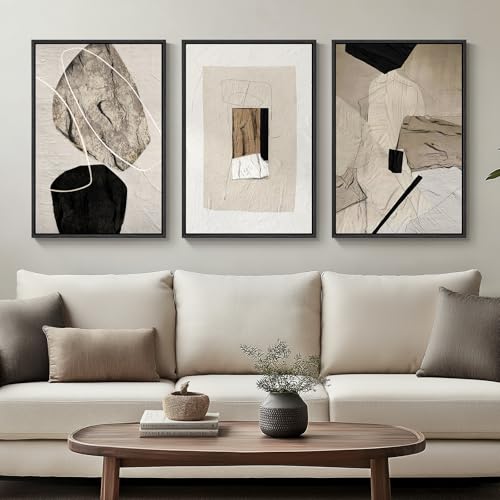 Framed Neutral Abstract Wall Art, Set of 3 Modern Canvas Prints P...