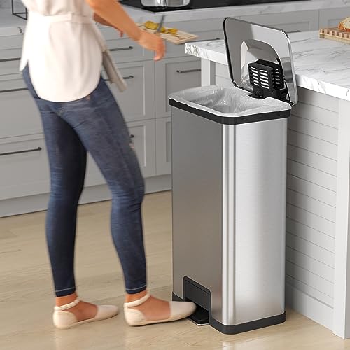 Image of iTouchless SoftStep 18 Gallon Step Trash Can with Odor Filter, Stainless Steel, 68 Liter Garbage Bin for Kitchen, Office, Home-Silent and Gentle Open /Close, Space Saving