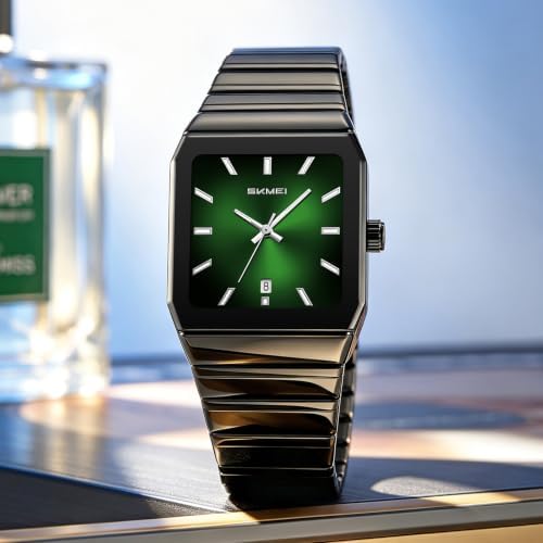 Gosasa Men's Rectangular Quartz Watch, Sunray Dial, Steel Bracelet (Black Green) - 2