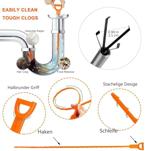 CLDURHGE Abflussspirale Spülbecken Reinigungshaken – Hochwertige Spirale Abfluss Rohrreinigung mit Drain Snake und Abfluss Haarentferner, Komplette Abflussreinigungslösung
