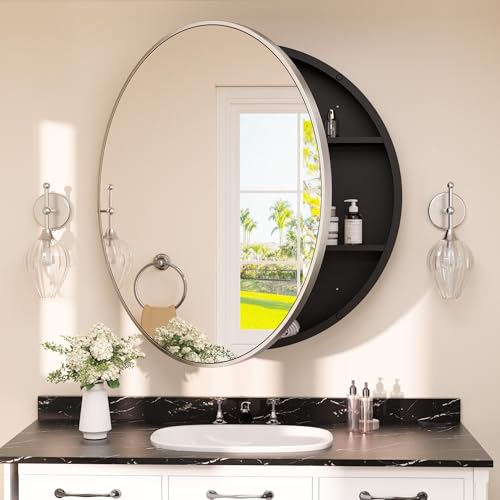 Image of TETOTE Bathroom Mirror Cabinet 30 x 30 Brushed Nickel Round Bathroom Medicine Cabinet with Mirror Adjustable Shelves Farmhouse Wall Mirror with Storage Surface Mounted