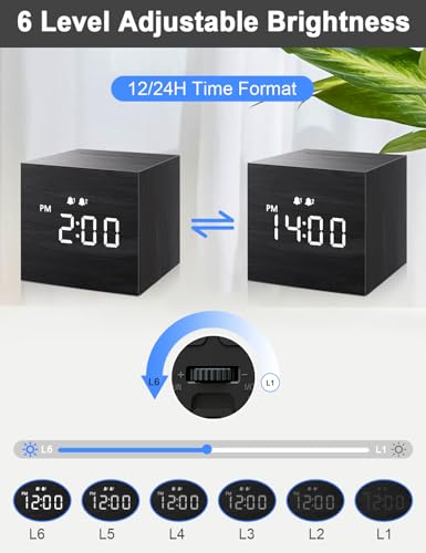 Image of JALL Digital Alarm Clock, with Wooden Electronic LED Time Display, 3 Alarm, 2.5-inch Cubic Small Mini Wood Made Electric Clocks for Bedroom, Bedside, Desk, Black