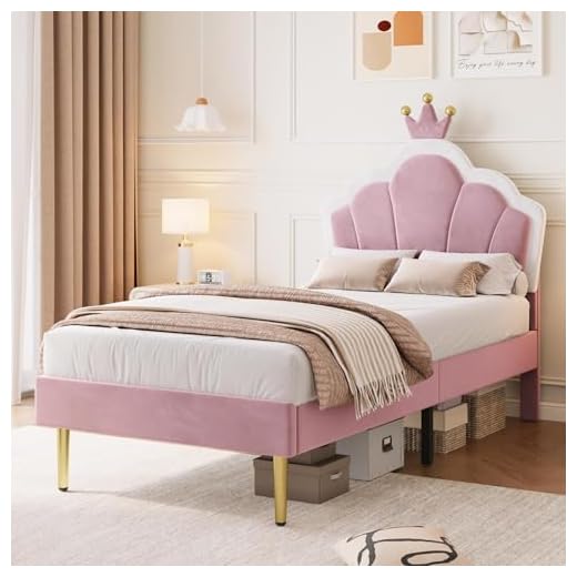 Aptliton Single Bed Frame, Soft Velvet Upholstered Bed, 3ft Shell Shape Bed with Removable Crown, Adjustable Headboard, Golden Iron Legs, Wooden Slatted Frame, 90 * 190cm, Pink