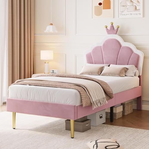 Aptliton Single Bed Frame Soft Velvet Upholstered Bed 3ft Shell Shape Bed with Removable Crown Adjustable Headboard Golden Iron Legs Wooden Slatted Frame 90 * 190cm Pink