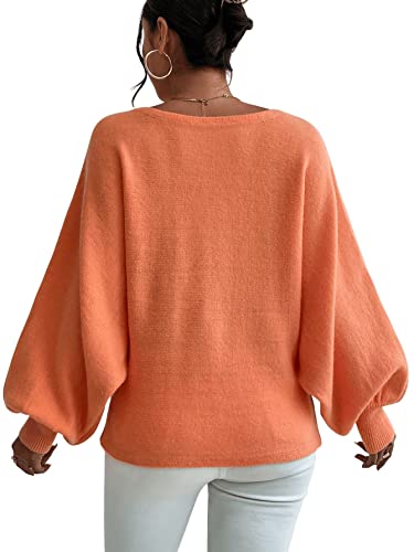 Sweatyrocks Women's Casual Graphic Print Lantern Sleeve Top Boat Neck Oversized Pullover Sweater Orange M #TOP1