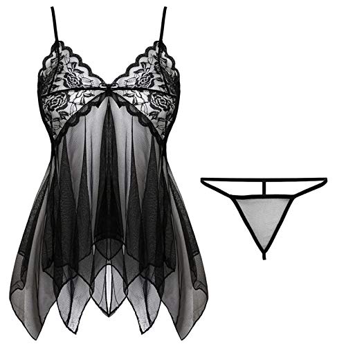 Women Sleepwear Underwear Nightwear Lace Lingerie See-Through Pajamas Dress+Briefs G-string YKDIANZI Black