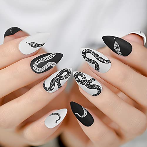 Stiletto Matte Black White Snake False Nails,Almond Animal Pattern Artificial Press On Nails Full Cover Fake Nail Tips for Women&Girls, 24PCS