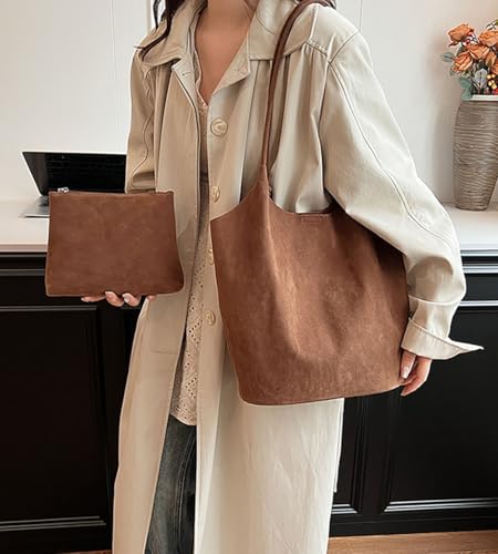 Women’s Large Tote Bag Vintage Faux Suede Shoulder Purse Lightweight Work Bag with Detachable Pouch4