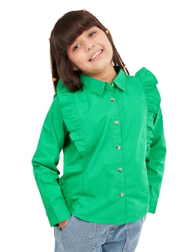 Image of olele Girls Full Sleeve Ruffles Cotton Linen Shirt - White for 4 to 14 Years | Kids Girl White Shirt | White Ruffle Shirt for Girls | Shirt Jeans