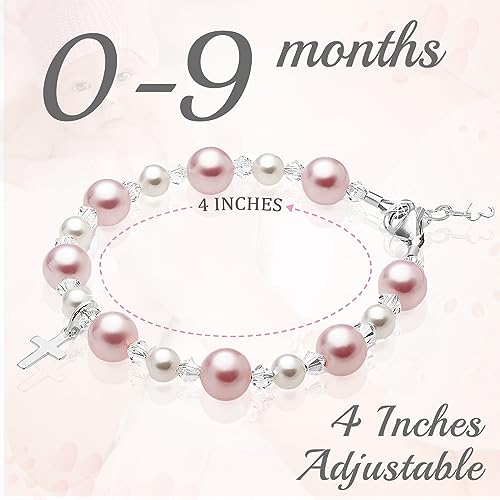Image of Baby Crystals Pink Pearl Personalized Charm Bracelet for Girls, Sterling Silver Initial Charm Cross Charm Bracelet, Baptism Gifts for Girl, First Communion Christening, Keepsake Girls Jewelry