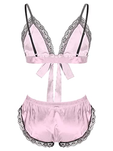 AGJGFM Men's Shiny Stain Lace Trim Cami Top with Shorts 2 Piece Set Sexy Lingerie Sissy Pajama Set2