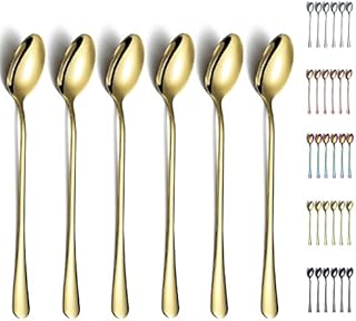 Gold Iced Teaspoons, Kyraton Stainless Steel 19 cm Long Handle Mixing Stirring Bar Spoons with Gold Titanium Plating, Ice Cream Spoons, Cocktail Spoons, Latte Spoons Pack of 6