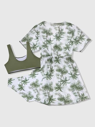 Image of QJQ Girl's 3 Piece Swimsuits Floral Tropical Bathing Suit Cute Bikini Sets with Swimwear Cover Up Kimono