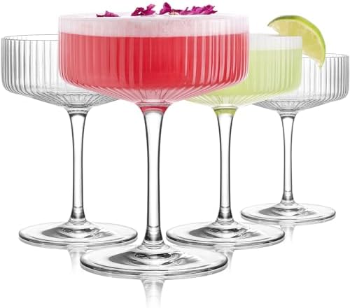 LUNA & MANTHA Coupe Glasses Set of 4, 10oz Crystal Ribbed Martini...