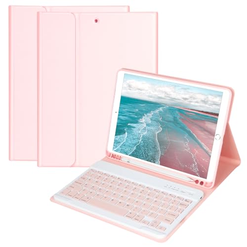 HOTLIFE Keyboard Case for iPad 10.2 Inch 9th Generation 2021/iPad 2020(8th Gen)/iPad 2019 (7th Gen)/iPad Air 3 2019/ipad Pro 10.5 inch, Built-in Pen Holder and Detachable Bluetooth Keyboard(Pink)