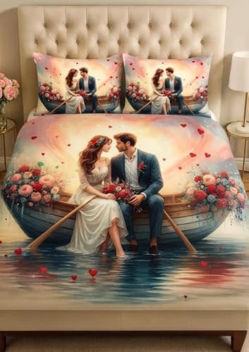 Image of King Size Bedsheet, Polycotton, 7D Floral Rose Print, Pink White and Gold, 3 Piece Set (Pink White nd Gold)